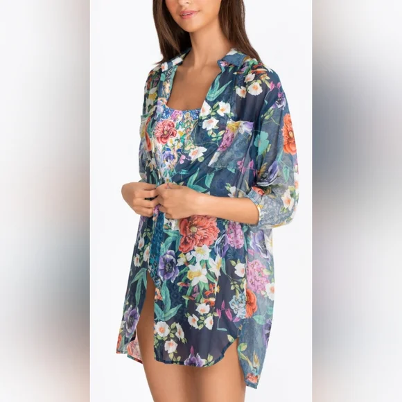 Johnny Was Paria Dress Shirt-Medium-Floral Multicolor - Picture 1 of 8